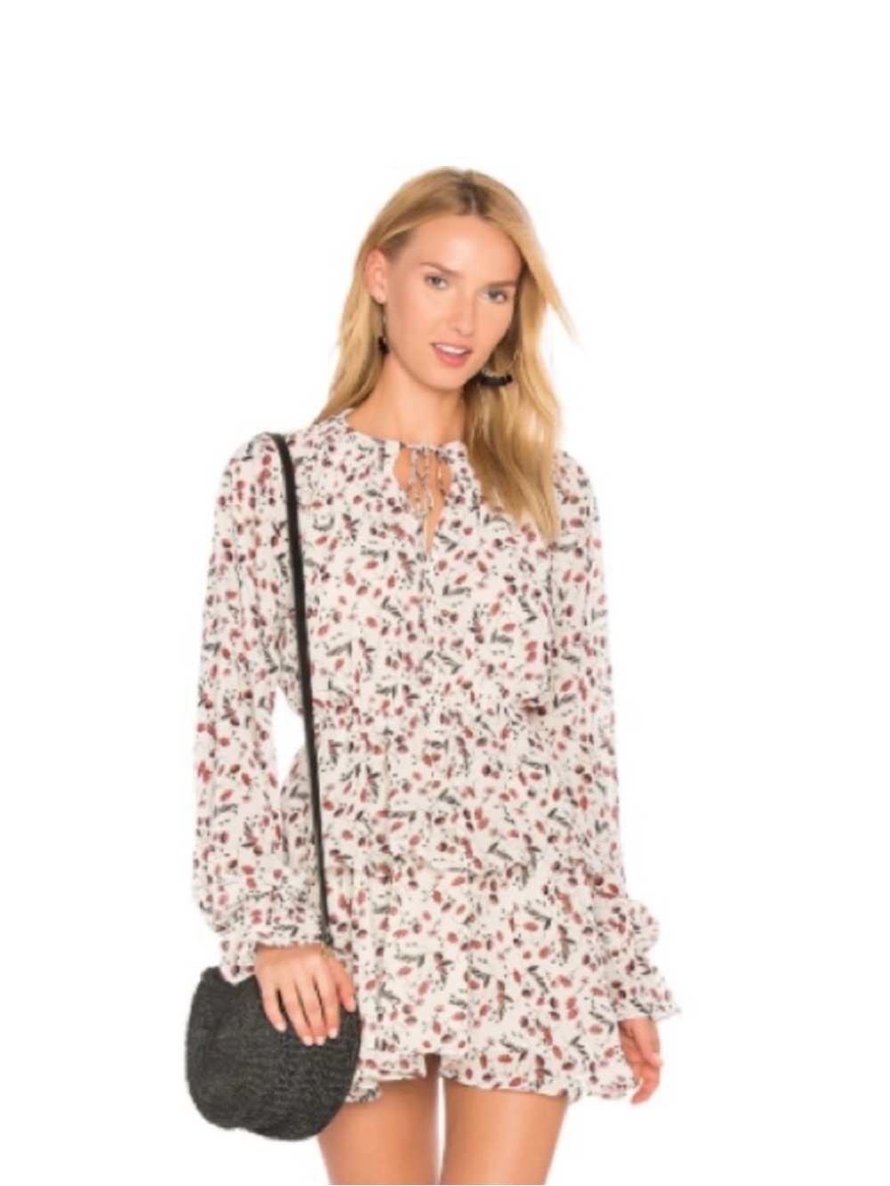 Tularosa Floral Tie-Neck Long Sleeve Mini Dress - White with Red Floral Size XS
